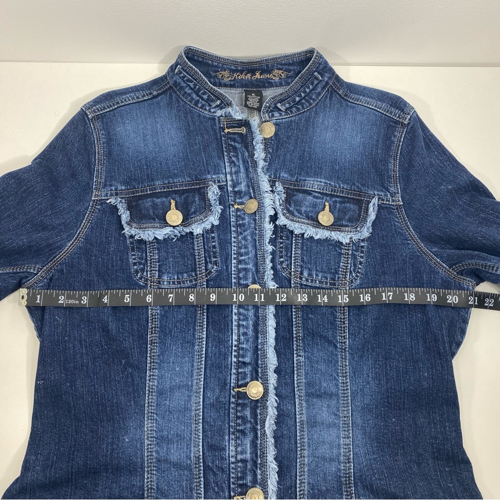 Kikit Jeans Frayed Raw Edge Distressed Trucker Blue Denim Jean Jacket Stretch XL - Picture 7 of 10